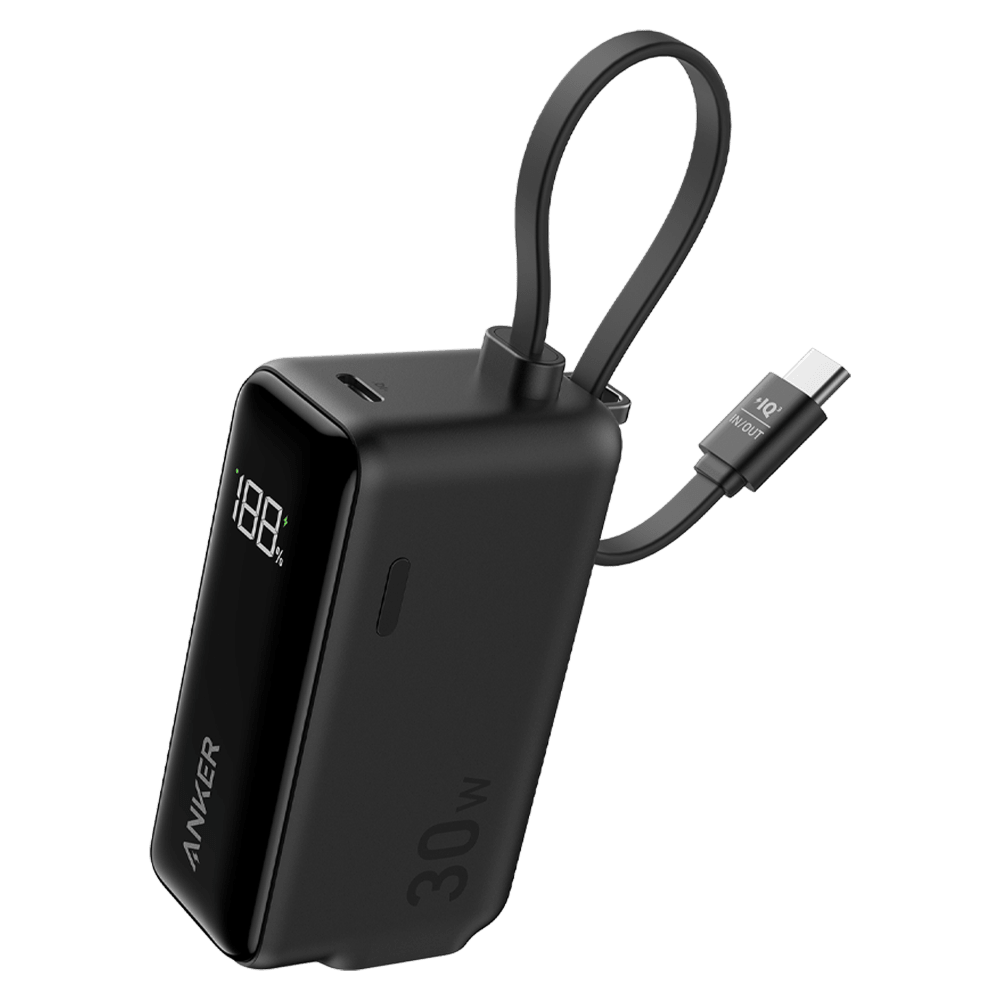 Anker Power Bank 5,000 mAh 22.5W with Built in USB C Cable and Fusion Wall Charger 30W Black