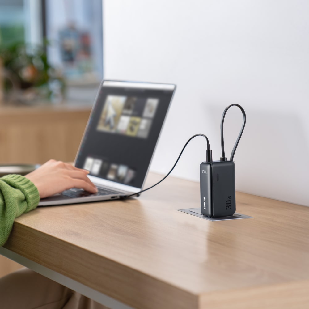 Anker Power Bank 5,000 mAh 22.5W with Built in USB C Cable and Fusion Wall Charger 30W Black