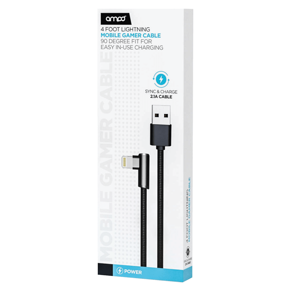 AMPD 90 Degree Gamer USB A to Apple Lightning Cable Black