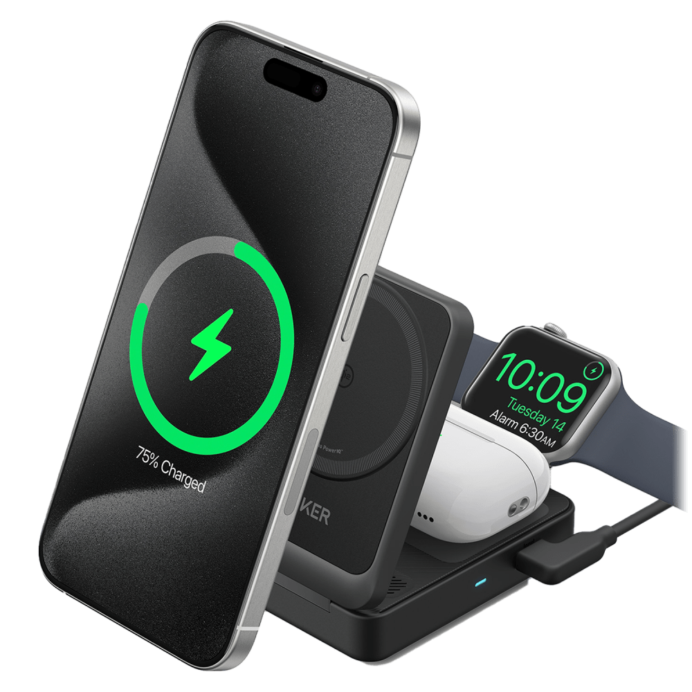 Anker Qi2 15W 3 in 1 Foldable Wireless Charging Station with 40W Charger Black