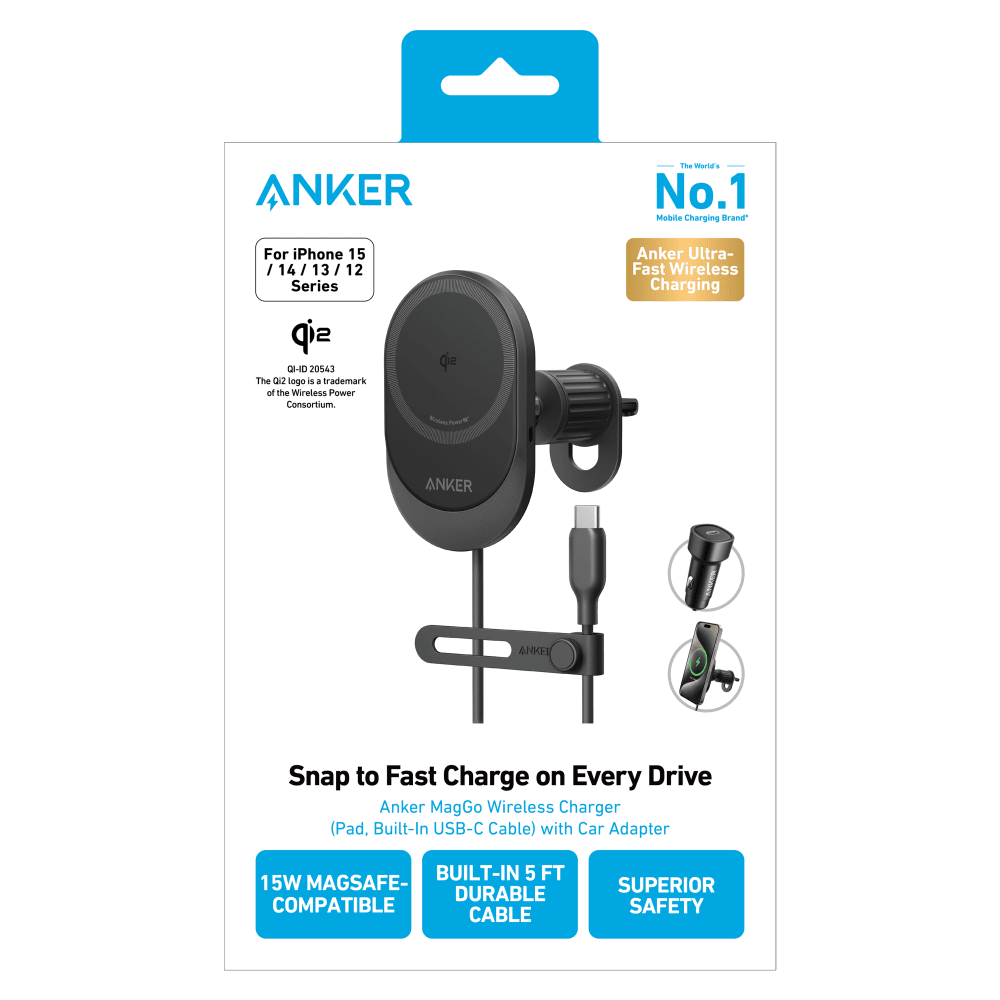 Anker Qi2 15W Sliding Vent Car Mount Charger with 25W Car Charger Black