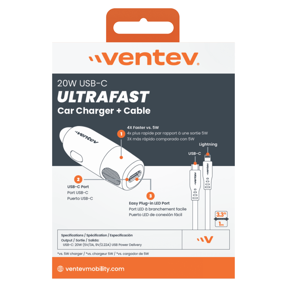 Ventev 20W USB C PD Car Charger and C to Apple Lightning Cable Gray