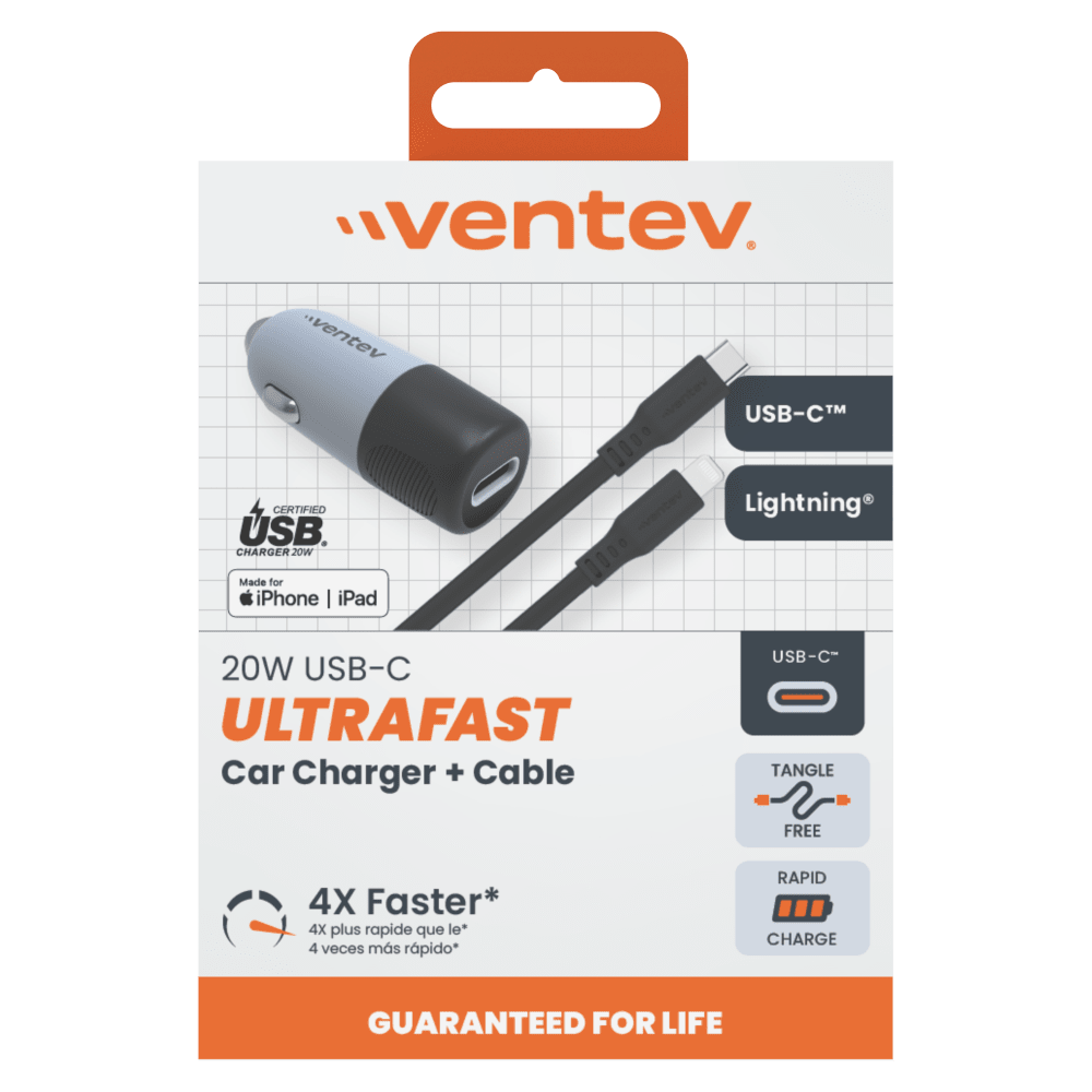 Ventev 20W USB C PD Car Charger and C to Apple Lightning Cable Gray