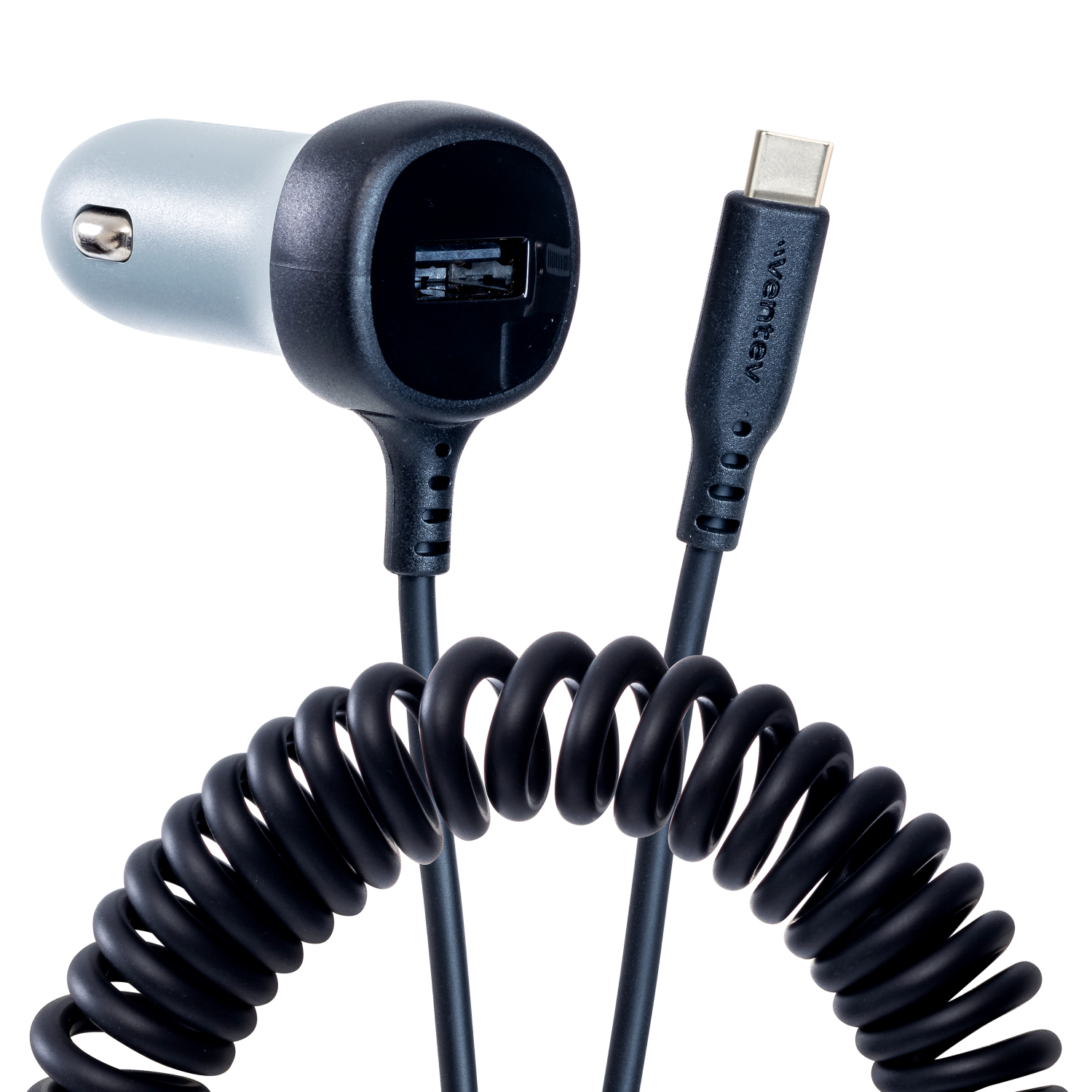 Ventev 12W USB A Car Charger w/ attached 15W USB C Cord Gray