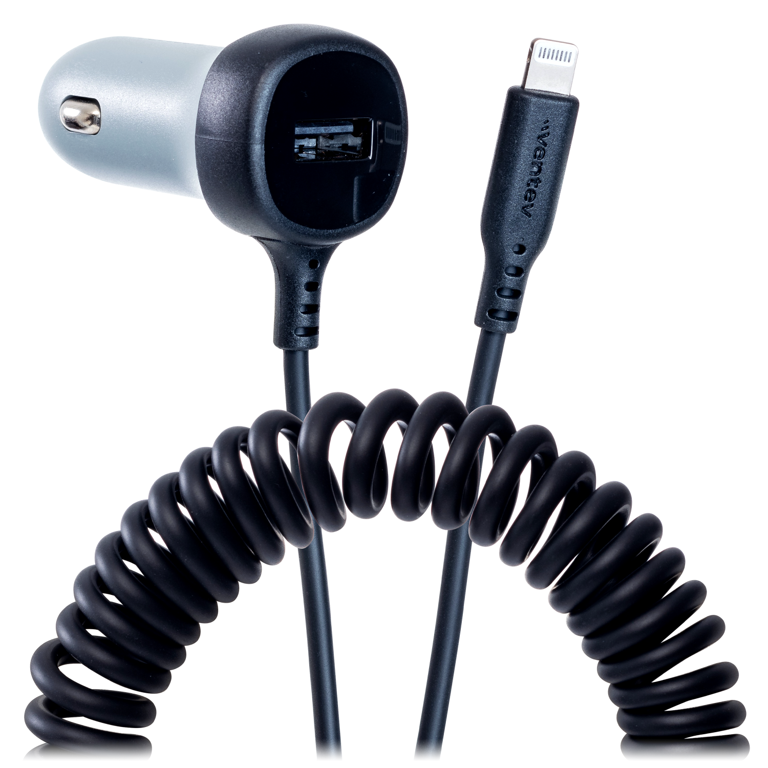 Ventev 12W USB A Car Charger with attached 15W Apple Lightning Cord Gray