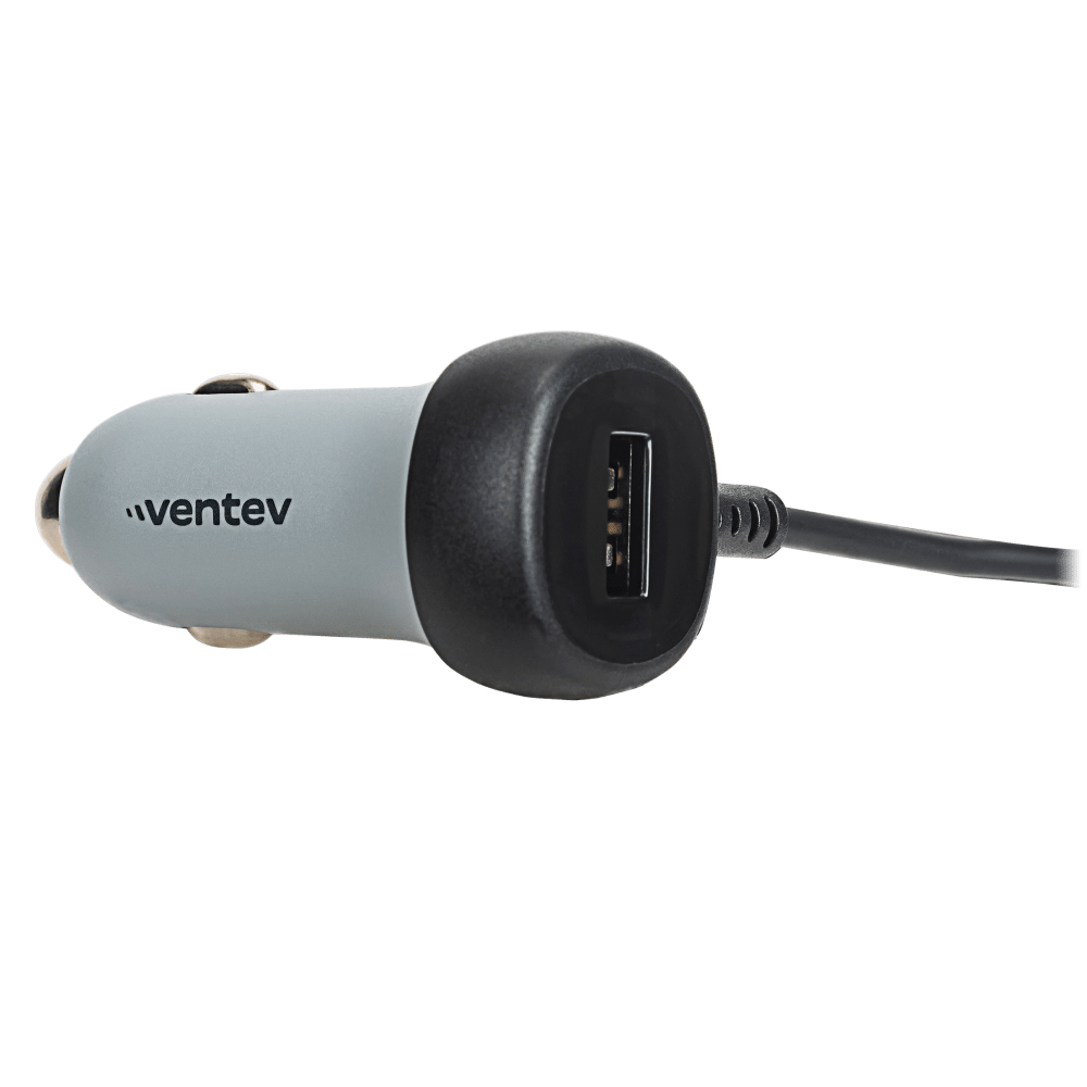 Ventev 12W USB A Car Charger with attached 15W Apple Lightning Cord Gray