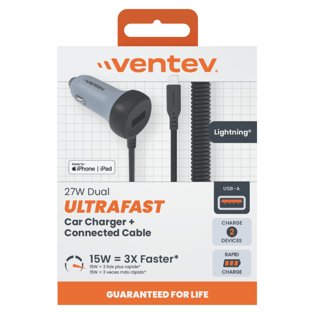 Ventev 12W USB A Car Charger with attached 15W Apple Lightning Cord Gray