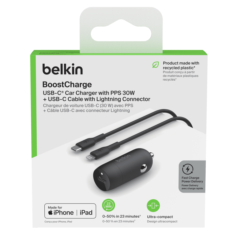 Belkin 30W PD Car Charger with PPS and USB C to USB C Cable 1m Black