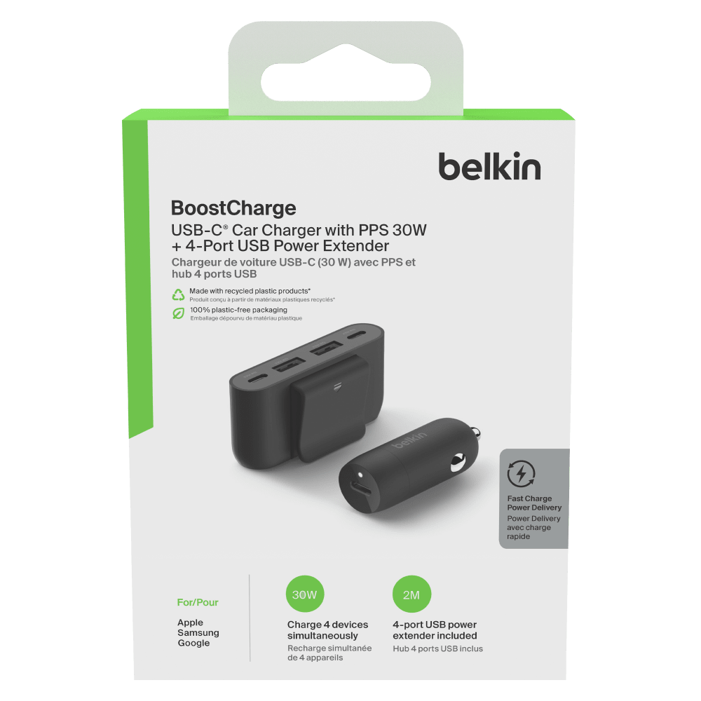 Belkin 30W PD Car Charger with 4 Port Power Extender 2m Black