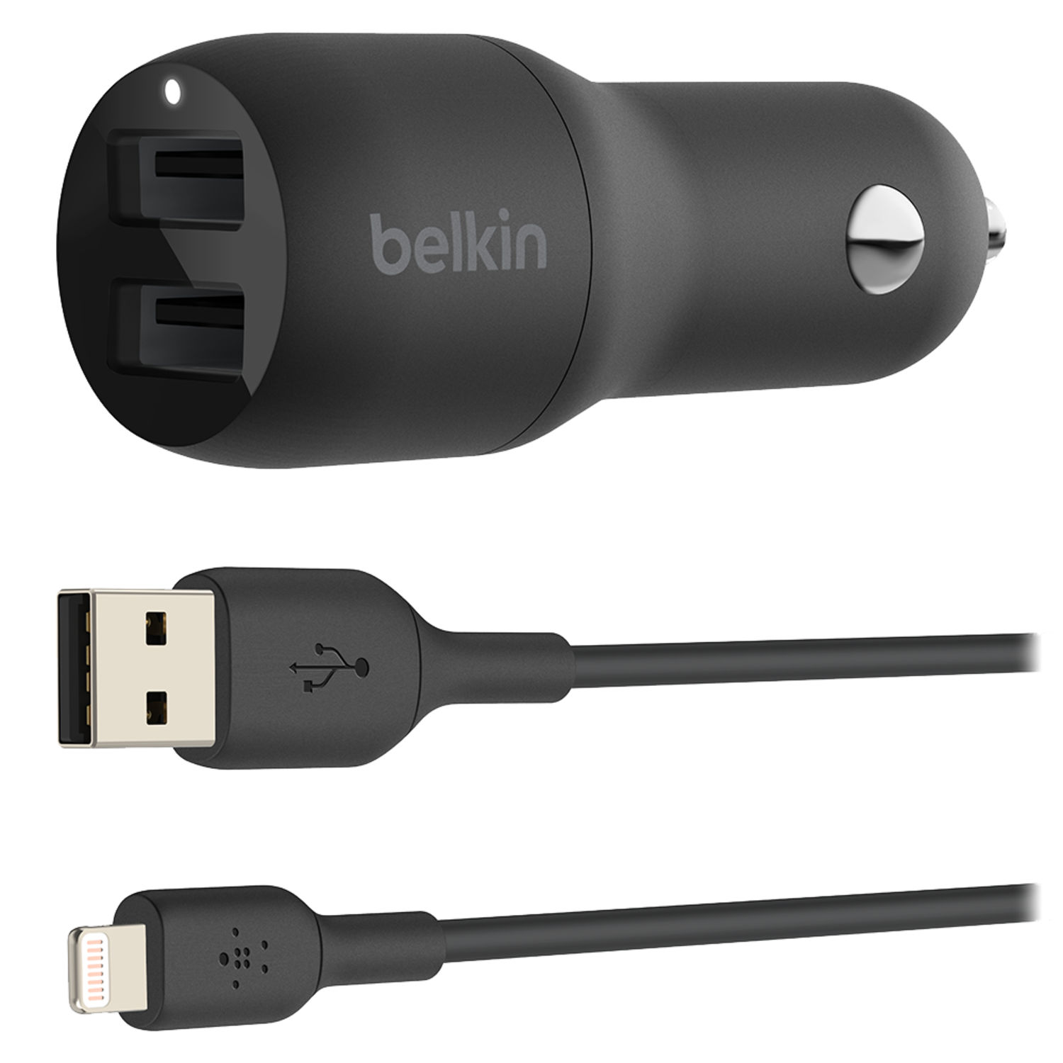 Belkin Boost Up Charge Dual Port USB A Car Charger 24W with Apple Lightning Cable 3ft Black