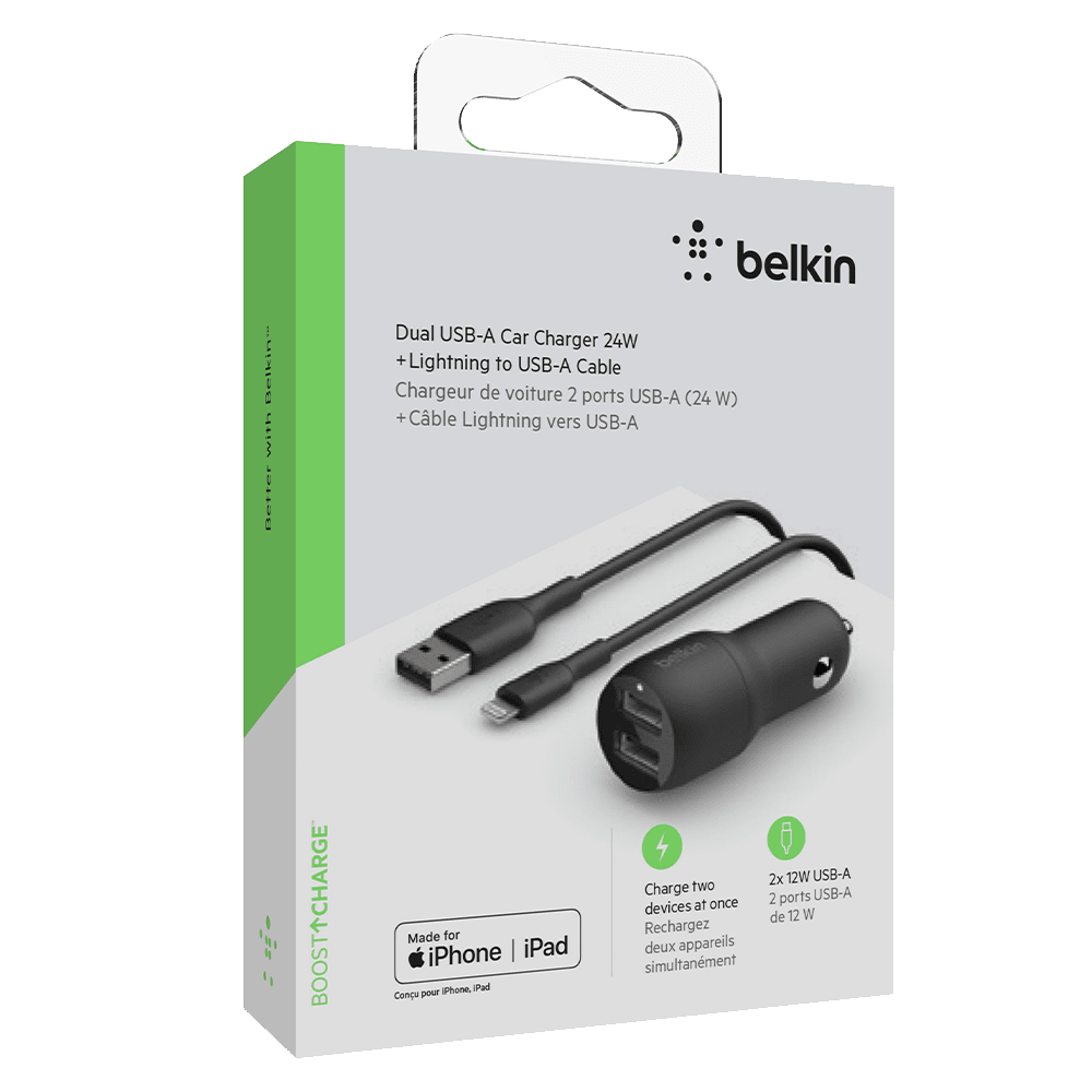 Belkin Boost Up Charge Dual Port USB A Car Charger 24W with Apple Lightning Cable 3ft Black