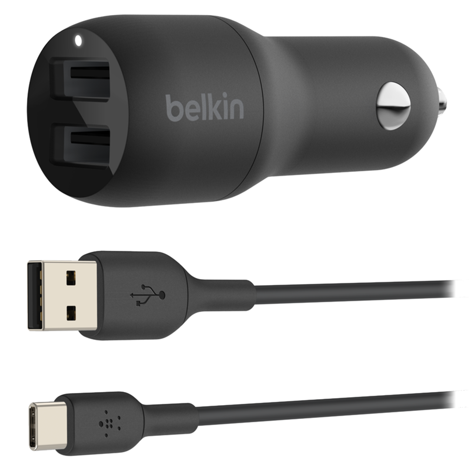 Belkin Dual Port USB A Car Charger 24W with USB A to USB C Cable 3ft Black