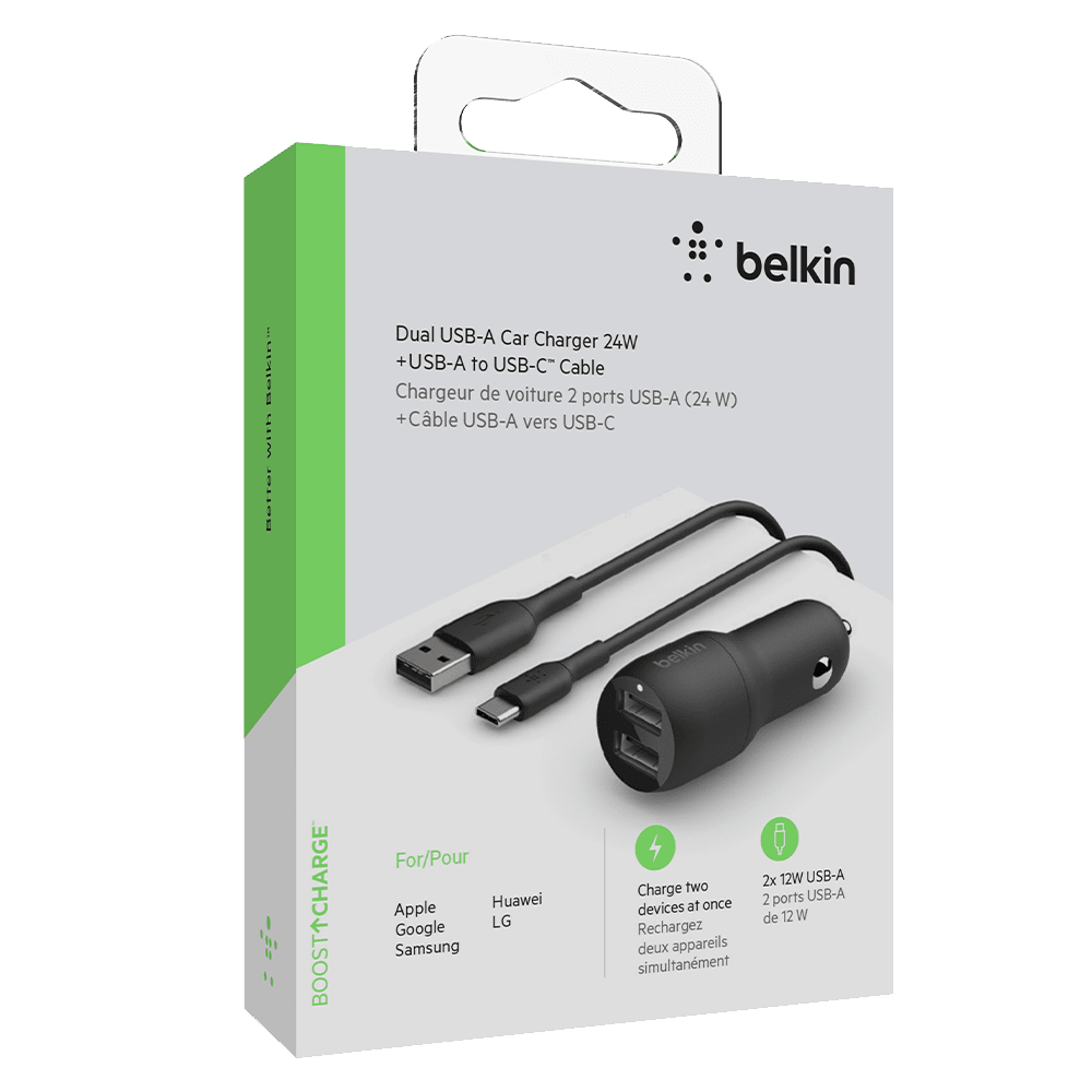 Belkin Dual Port USB A Car Charger 24W with USB A to USB C Cable 3ft Black