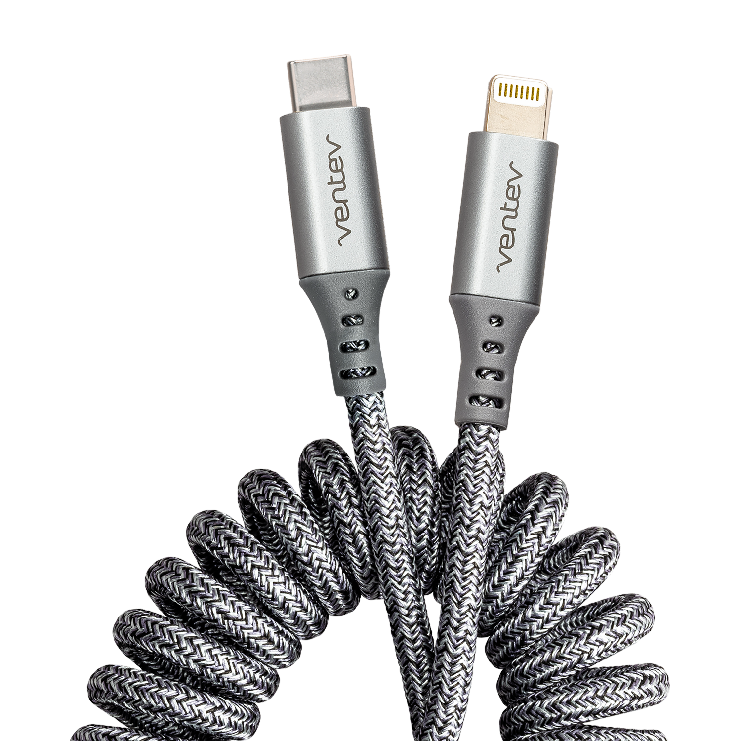 Ventev chargesync helix coiled USB C to Apple Lightning Cable 3ft Gray