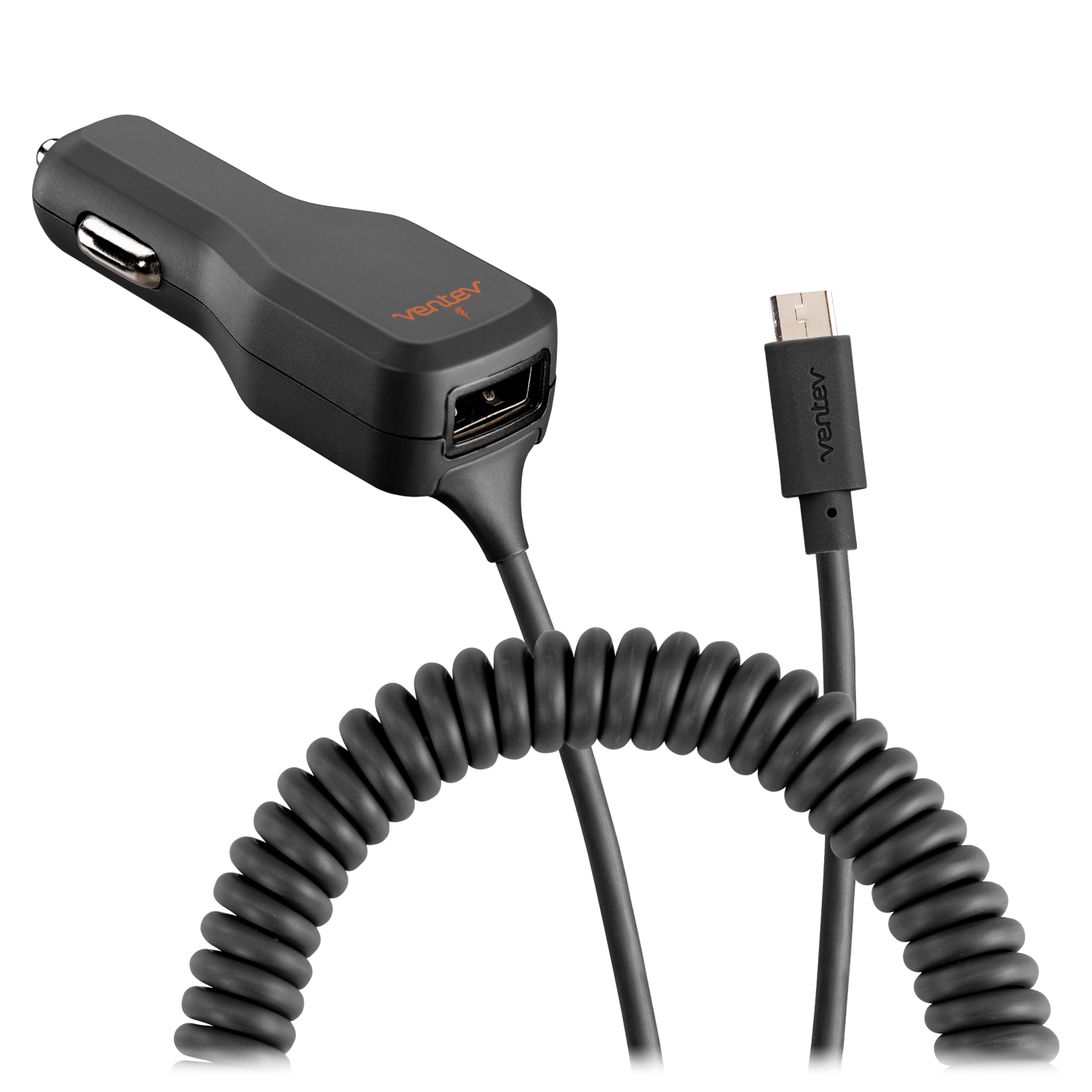 Ventev 17W dashport r2340c Dual Car Charger with USB A and Connected Micro USB Cable Gray