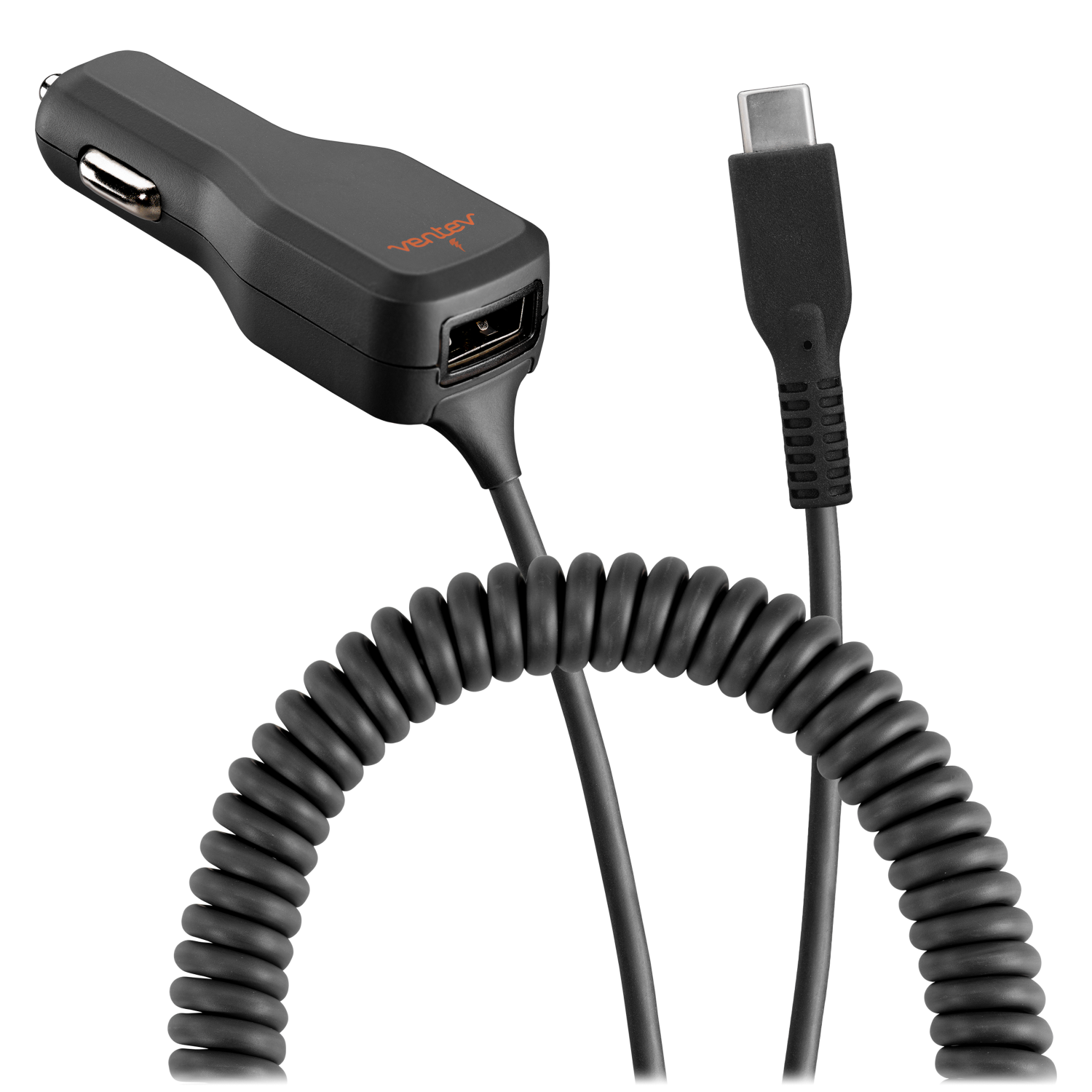 Ventev 20W dashport r2400c Dual Car Charger with USB A and Connected USB C Cable Gray