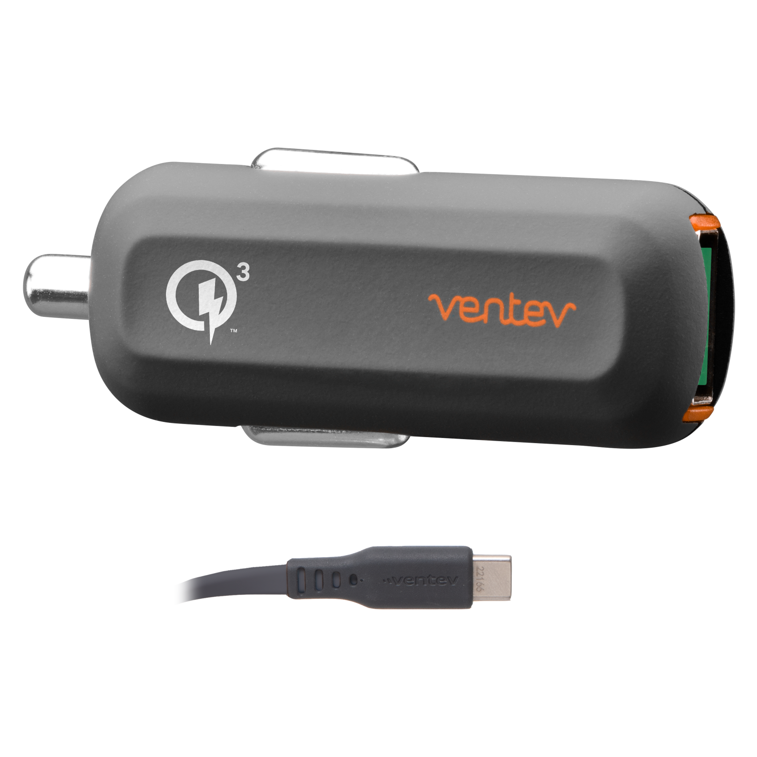 Ventev QC3.0 24W dashport rq1300 mini Car Charger and USB A to USB C Cable 3.3ft Gray