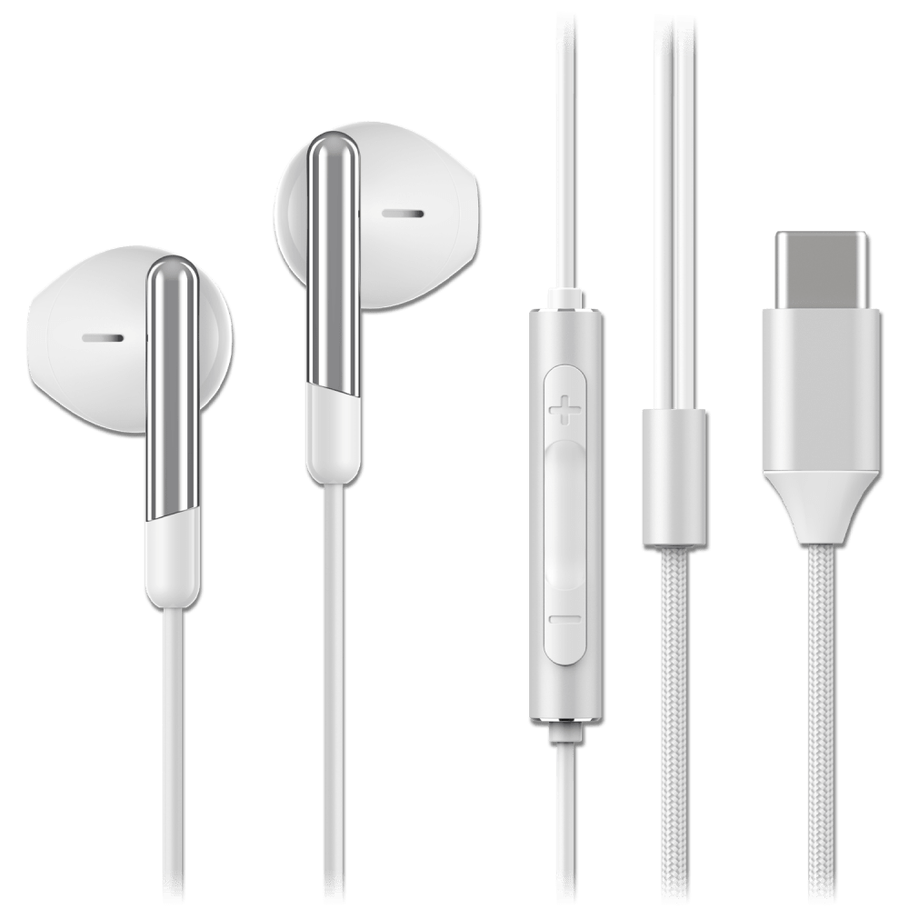 Sway C-Buds Premium USB C Connection Braided Earbuds with Mic and Volume Control White