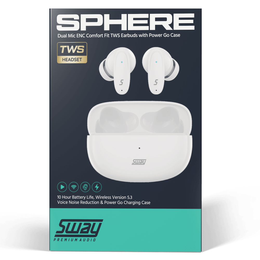 Sway Dual Microphone ENC Comfort Fit True Wireless Headphones with Power Go Charging Case White