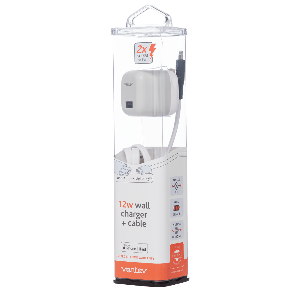 Ventev 12W USB A Wall Charger and USB A to Apple Lightning Cable 3.3ft White