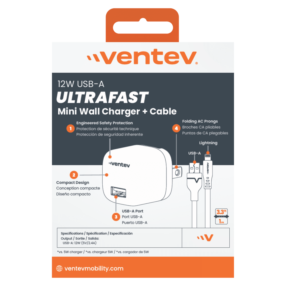 Ventev 12W USB A Wall Charger and USB A to Apple Lightning Cable 3.3ft Gray