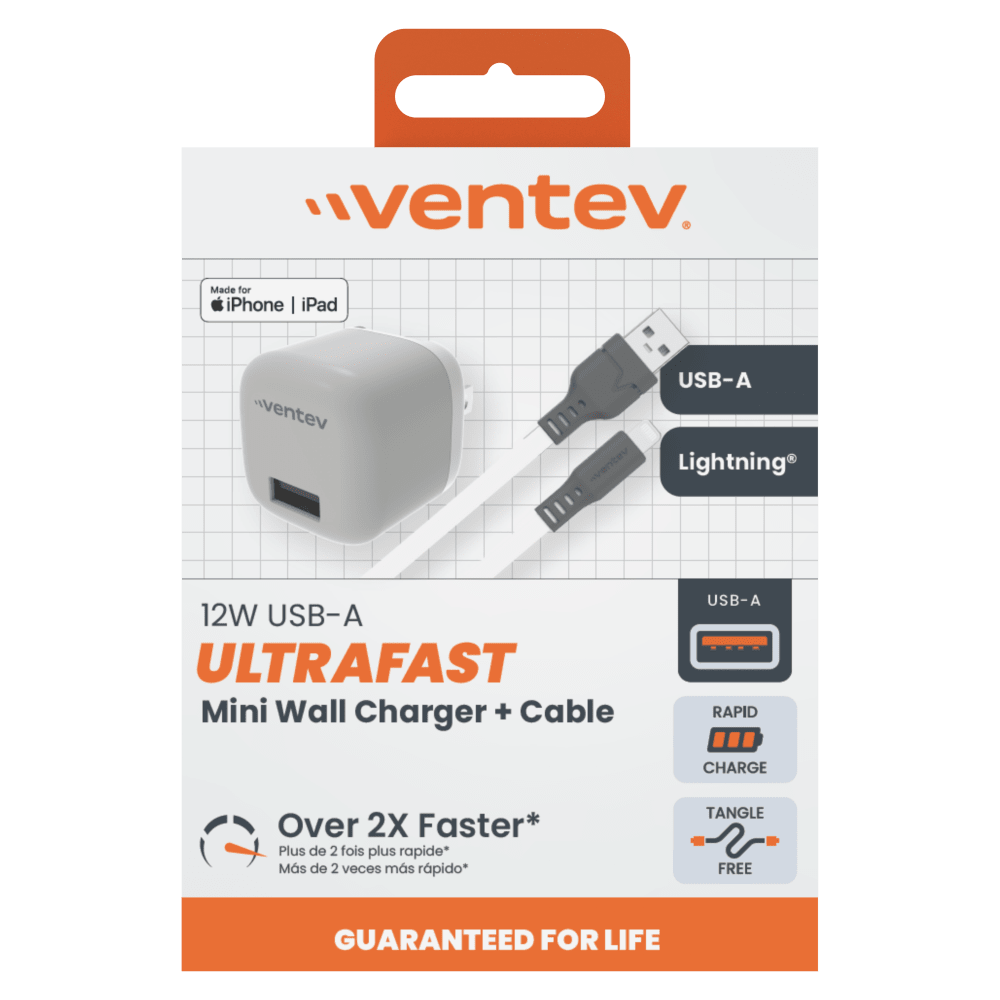 Ventev 12W USB A Wall Charger and USB A to Apple Lightning Cable 3.3ft Gray