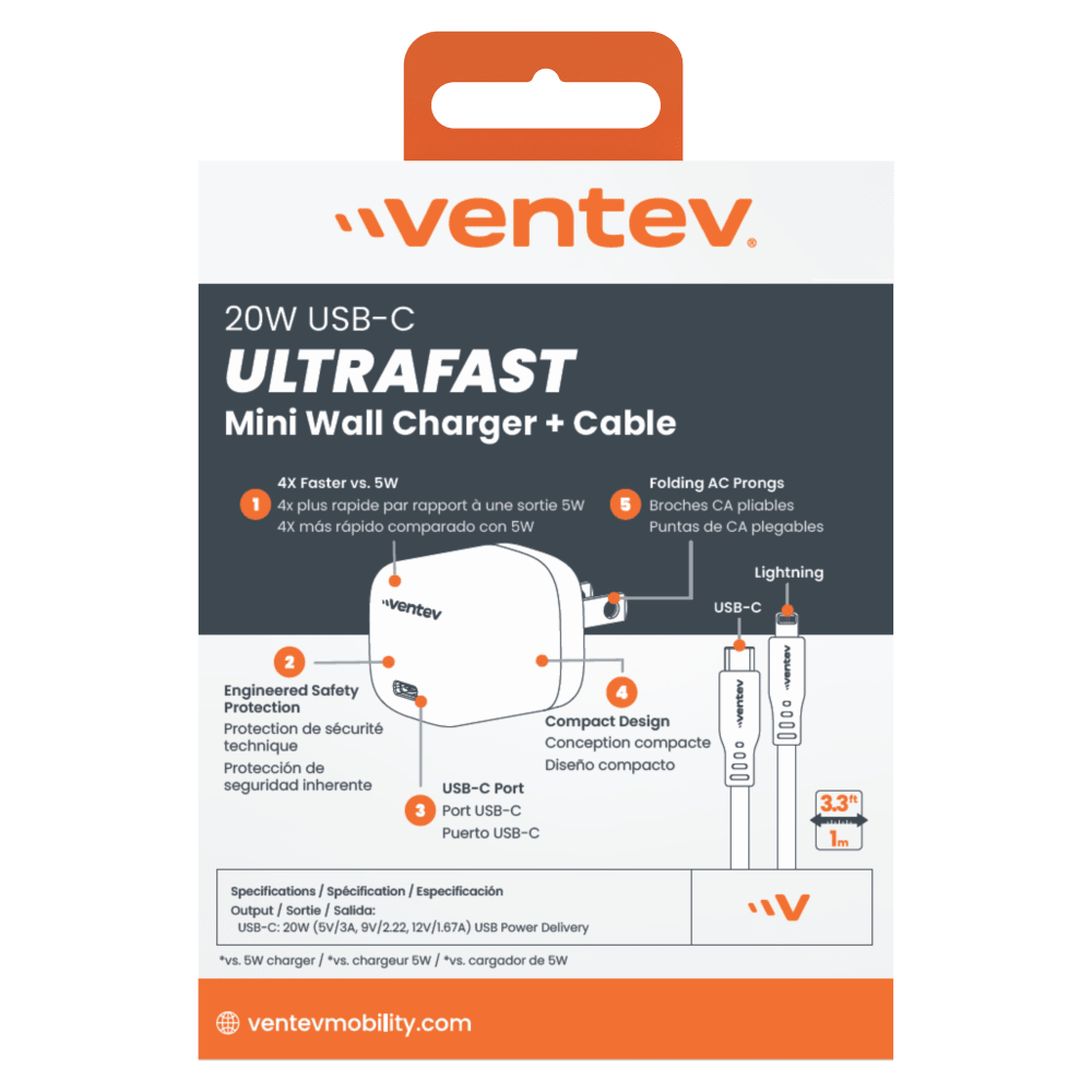 Ventev 20W PD USB C Mini Wall Charger and USB C to Apple Lightning Cable 3.3ft Gray, White