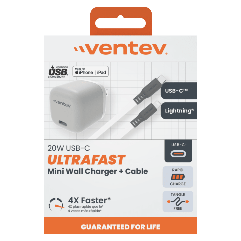 Ventev 20W PD USB C Mini Wall Charger and USB C to Apple Lightning Cable 3.3ft Gray, White