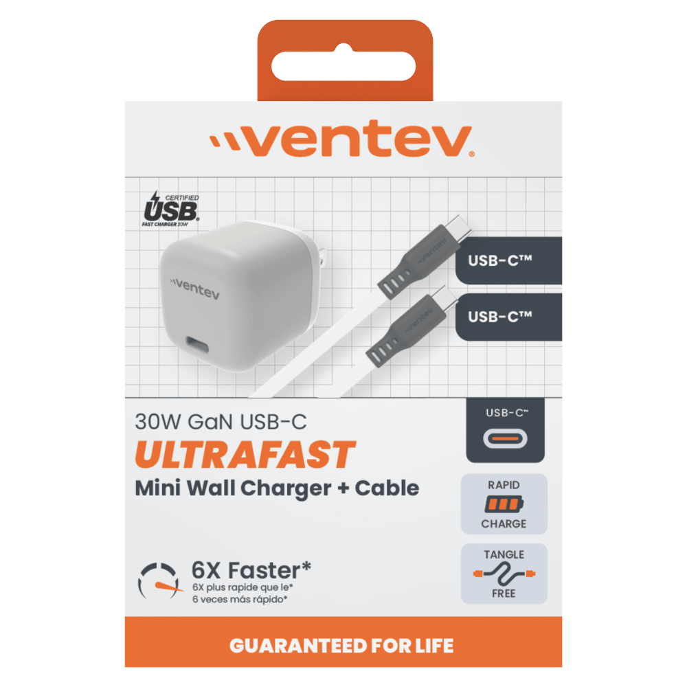 Ventev 30W PD PPS Mini USB C Wall Charger and USB C to USB C Cable 3.3ft Gray, White