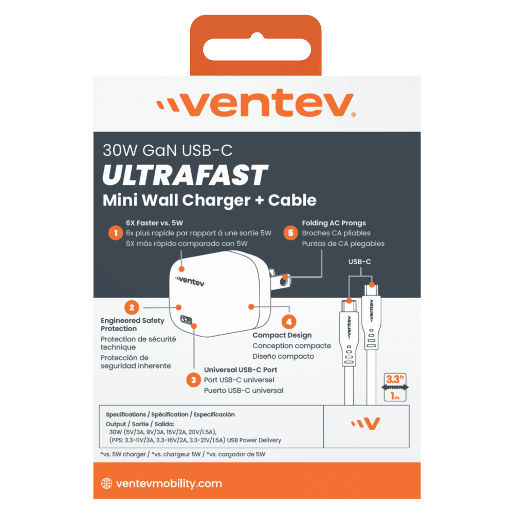 Ventev 30W PD PPS Mini USB C Wall Charger and USB C to USB C Cable 3.3ft Gray, White