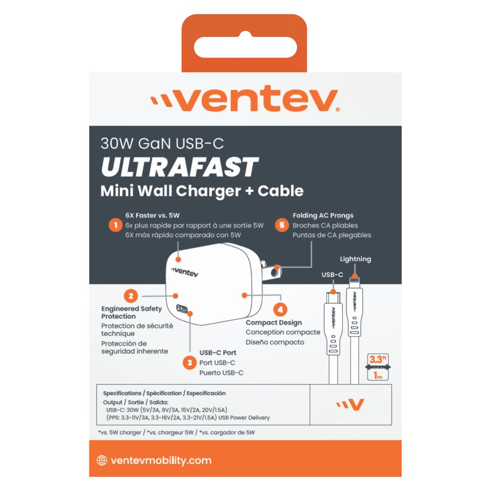 Ventev 30W Mini Wall Charger and USB C to Apple Lightning Cable Gray, White