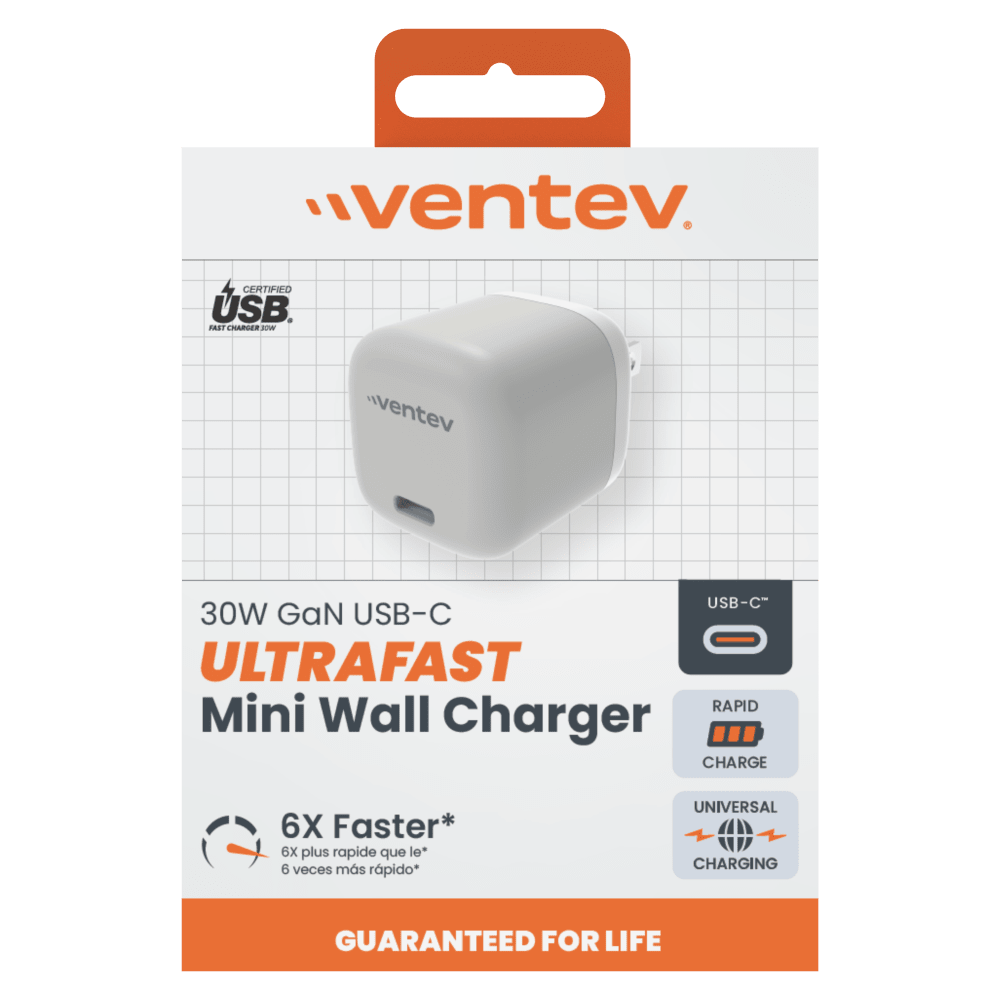 Ventev 30W PD PPS USB C GaN Mini Wall Charger Gray, White