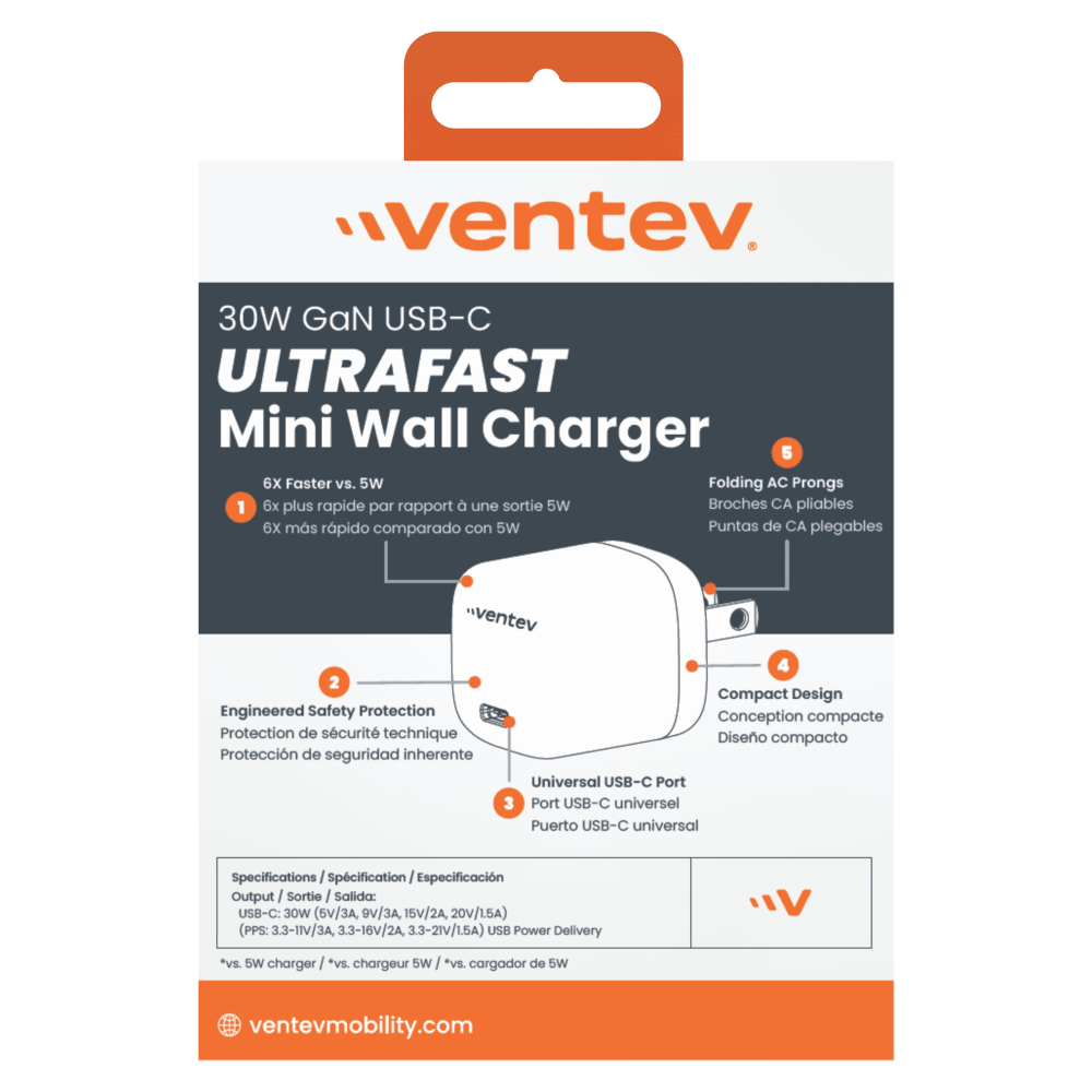 Ventev 30W PD PPS USB C GaN Mini Wall Charger Gray, White