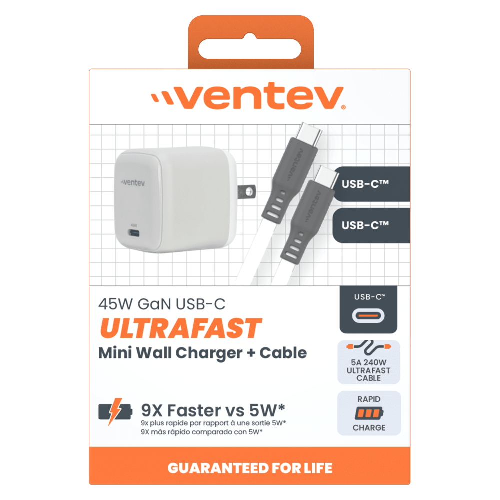 Ventev ULTRAFAST GaN Mini 45W Wall Charger and 5A USB C to USB C Cable