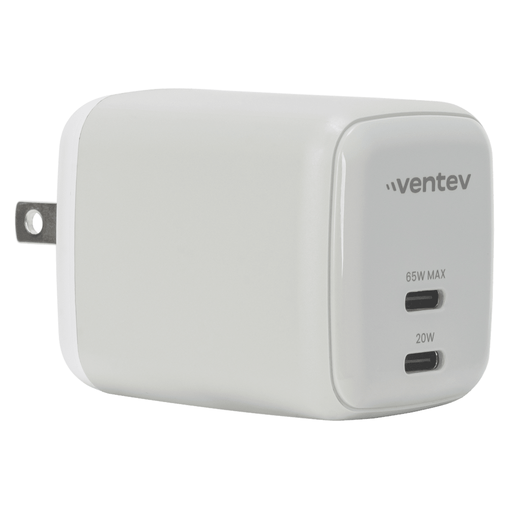 Ventev 65W ULTRAFAST USB C Universal Dual GaN Mini Wall Charger Gray, White