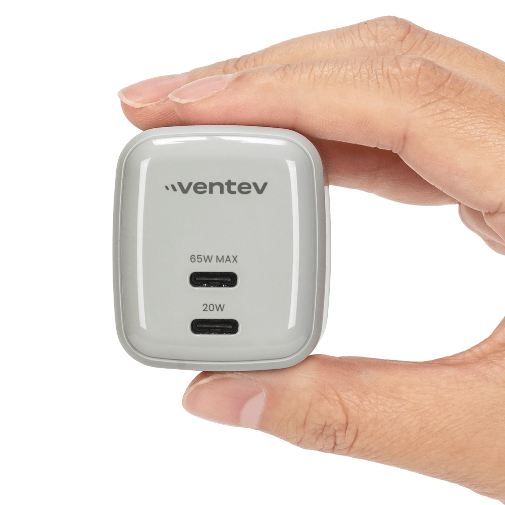 Ventev 65W ULTRAFAST USB C Universal Dual GaN Mini Wall Charger Gray, White