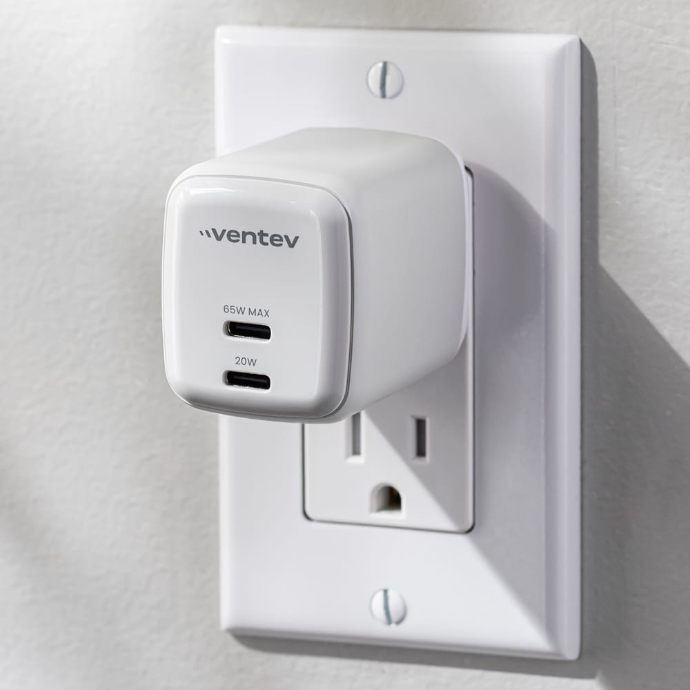 Ventev 65W ULTRAFAST USB C Universal Dual GaN Mini Wall Charger Gray, White