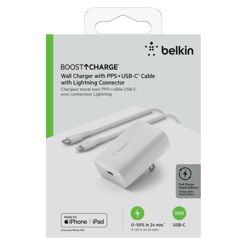 Belkin USB C PPS Wall Charger 30W with Type C to Lighting Cable 1m White