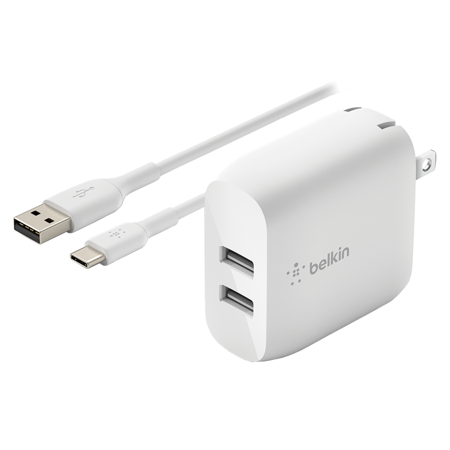 Belkin Dual Port USB A 24W Wall Charger with USB A to USB C Cable 3ft White