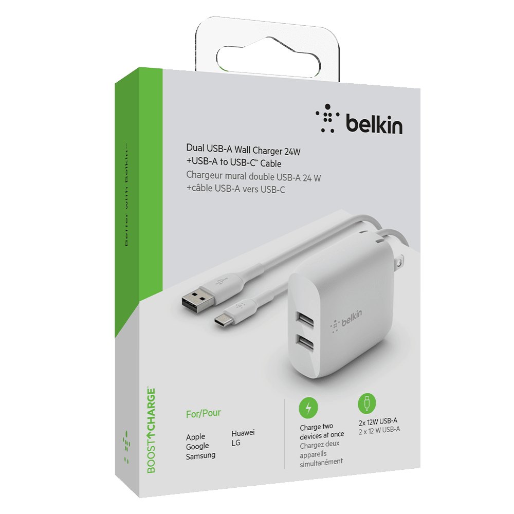 Belkin Dual Port USB A 24W Wall Charger with USB A to USB C Cable 3ft White