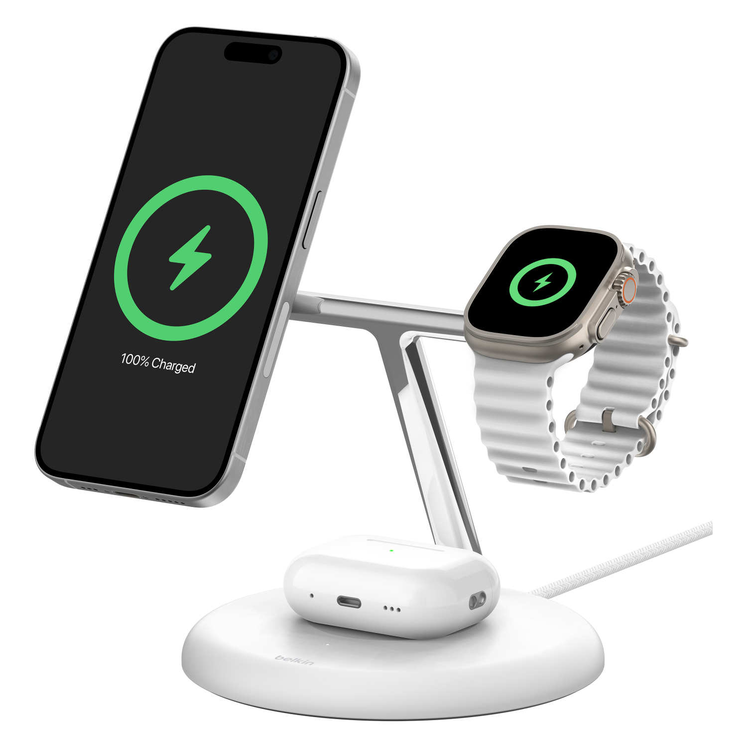 Belkin Boost Charge Pro 3 in 1 Wireless Charging Stand with Qi2 White