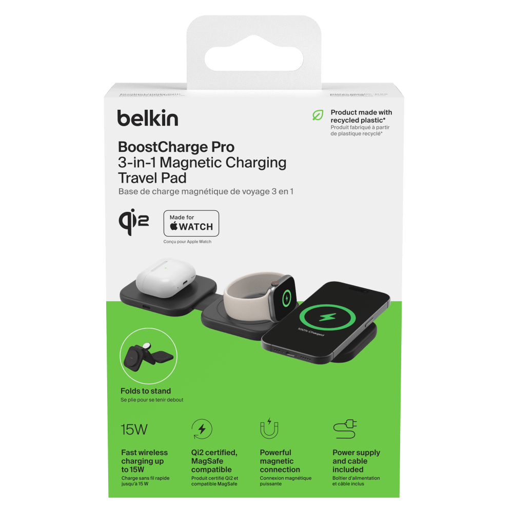 Belkin Boost Charge Pro 3 in 1 Wireless Charging Travel Pad with Qi2 Black